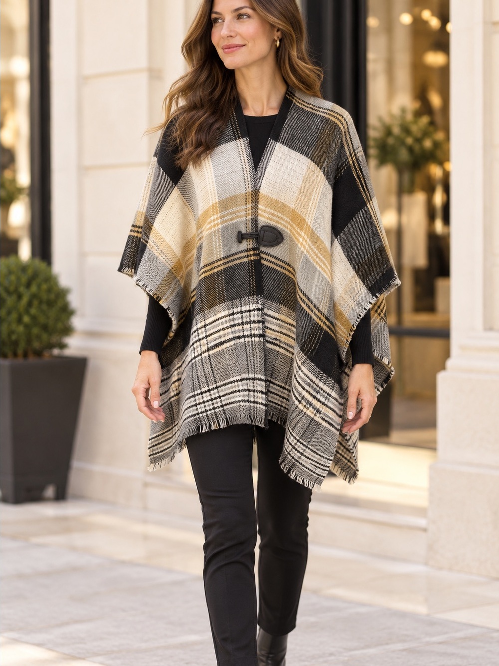 Vince Camuto Reversible Plaid Toggle Cape Poncho One Size NWT